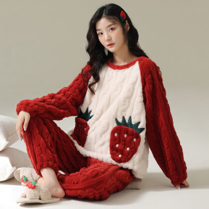Lovely Sweet Coral Velvet Pajamas Women’s Warm Suit